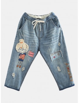 Cartoon Patch Embroidery Elastic Waist Casual Jeans