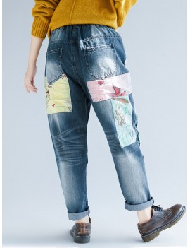 Vintage Loose Patch Ripped  High Waist Casual Denim
