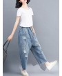 Solid Color Elastic Waist Casual Ripped Jeans For Women